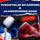Promotieafbeelding voor Boxing University Breda met de tekst “Wedstrijd Sparring & Jaarkeuring 2026”. Op de afbeelding liggen blauwe en rode bokshandschoenen tegenover elkaar. Rechts staat “Zondag 11 januari – Let’s start strong!”. Link bovenaan: boksenbreda.nl. Linksonder is een arts met stethoscoop afgebeeld, verwijzend naar de medische keuring.