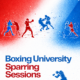 Poster van Boxing University Breda met de aankondiging “Zondag 1 maart 2026 – Boxing University Sparring Sessions”. Rood-blauwe achtergrond met silhouetten van boksers die sparren in de ring. Open sparring voor wedstrijdboksers in Breda. Website: www.boksenbreda.nl
