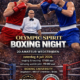 Twee amateurboksers in rood en blauw staan tegenover elkaar in de ring onder de Olympische ringen, met een scheidsrechter op de achtergrond. Promotieposter voor “Olympic Spirit Boxing Night” met 20 amateurwedstrijden op zaterdag 4 juli 2026 bij Boxing University in Sportcomplex Jeugdland (Ulvenhout/Breda), inclusief tijden voor weging (17:00) en aanvang wedstrijden (19:00).